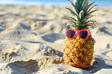 A fun pineapple wearing stylish sunglasses lounges on a sandy beach, embodying the spirit of vacation and relaxation by the bright sea