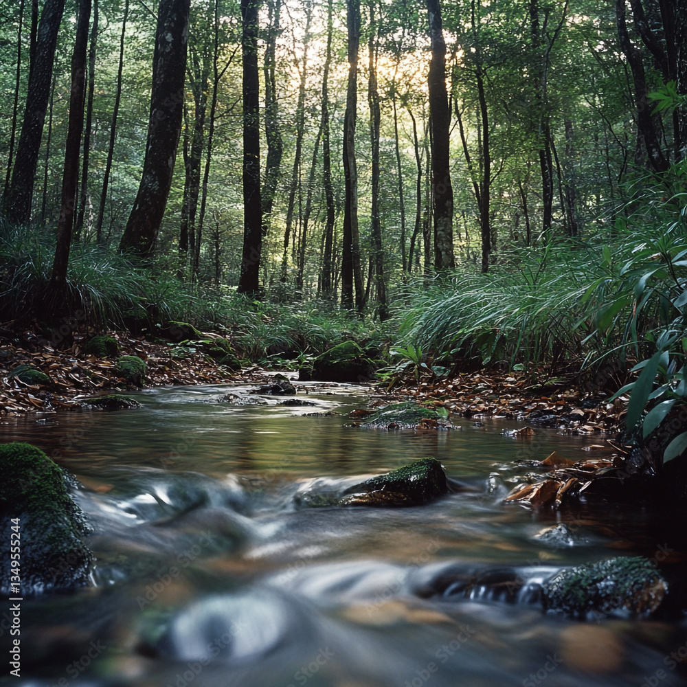 Aufkleber a tranquil stream flows through a dense forest with tall trees and lush green vegetation in the back