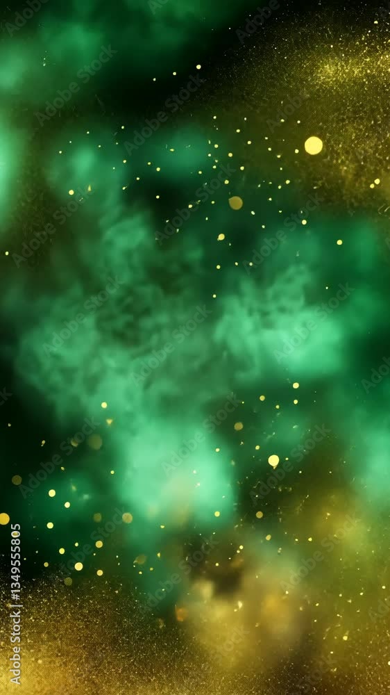 Poster abstract swirling green and gold background creating a mystical cosmic atmosphere with shimmering pa