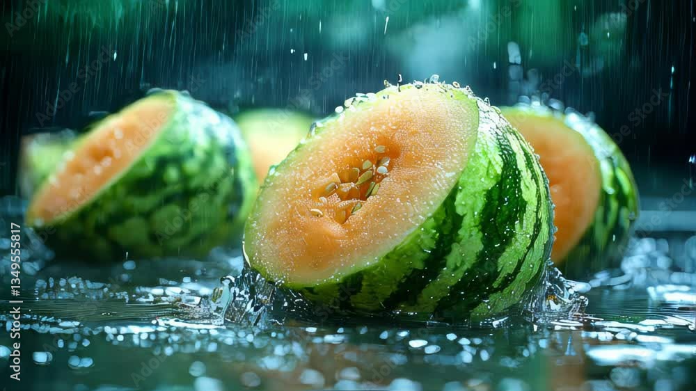 Poster freshly sliced watermelon under a rain shower, with droplets splashing off the surface, creating a v