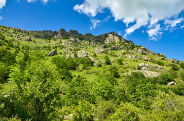 forest and rocks on Shresht mountain scenic view from Meghradzor waterfall trail (Giladzor, Armenia)