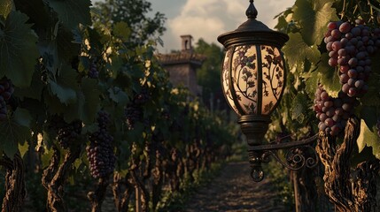 Fototapeta premium Vineyard path lantern sunset charm