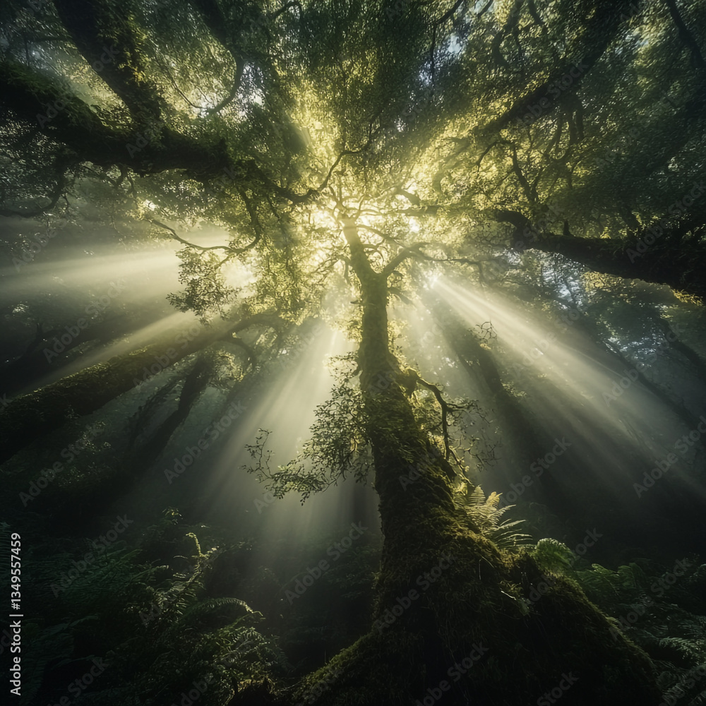 Aufkleber a low angle view of sunlight streaming through trees in a dense and mystical looking forest scene