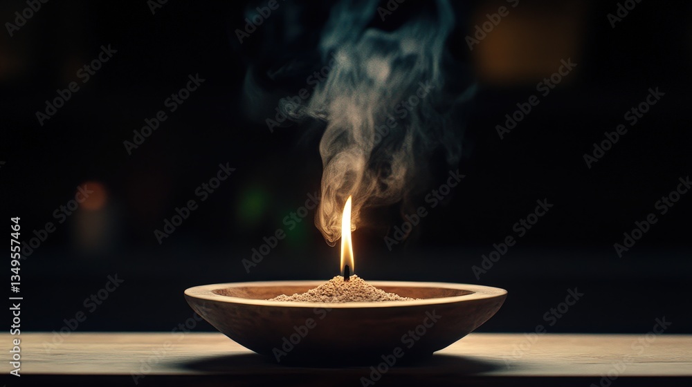 Poster a serene bowl emits a gentle flame and wisps of smoke, creating a calming atmosphere in a dimly lit 