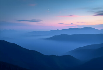 Fototapeta premium Serene Blue Mountains: Misty Sunset Landscape