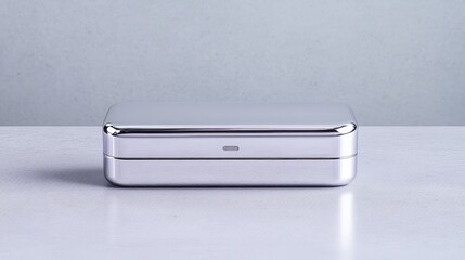 Sleek, metallic lunchbox.  Double-layered, stainless steel construction for food storage.  Compact and portable