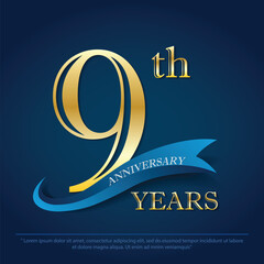 9th years anniversary celebration emblem. elegance golden anniversary logo isolated with blue ribbon on dark blue background, vector illustration template design for celebration greeting card