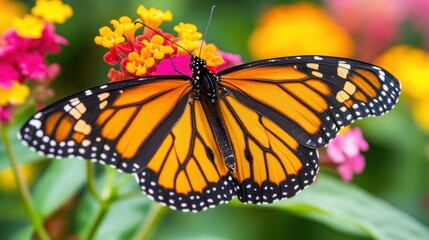 Naklejka premium Monarch butterfly rests on colorful flowers in garden