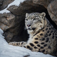Naklejka premium A snow leopard curled up inside a cave, warm breath visible in the cold air.