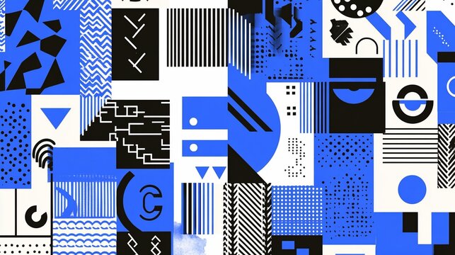 Dynamic blue and black geometric elements create visually engaging pattern design