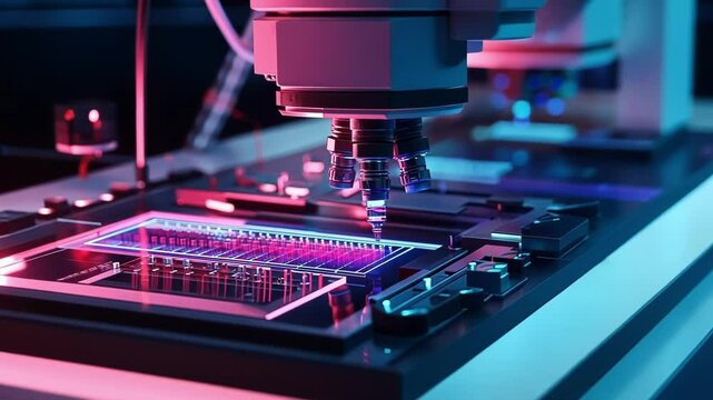 Cutting edge microscope examining a microchip under vibrant neon lighting, showcasing the intersection of technology and science in modern research laboratories
