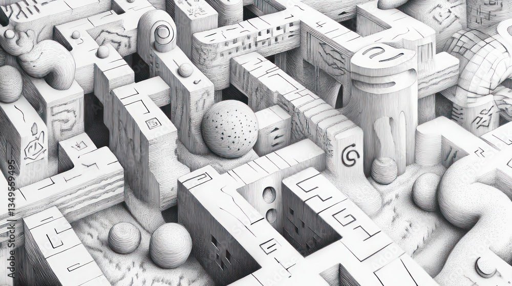 Poster abstract architectural maze: a penciled labyrinth of form and structure