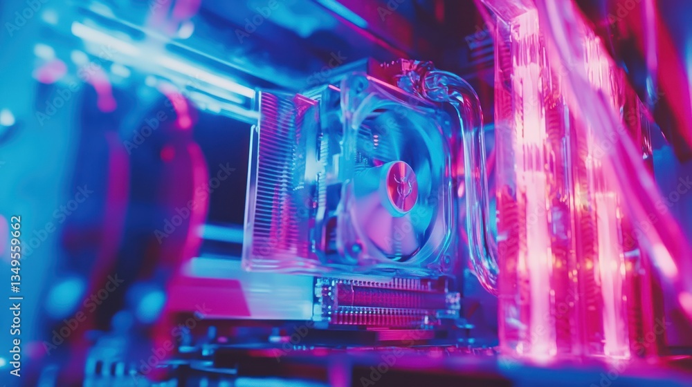 Aufkleber close up of a modern computer components with neon lights illuminating inside