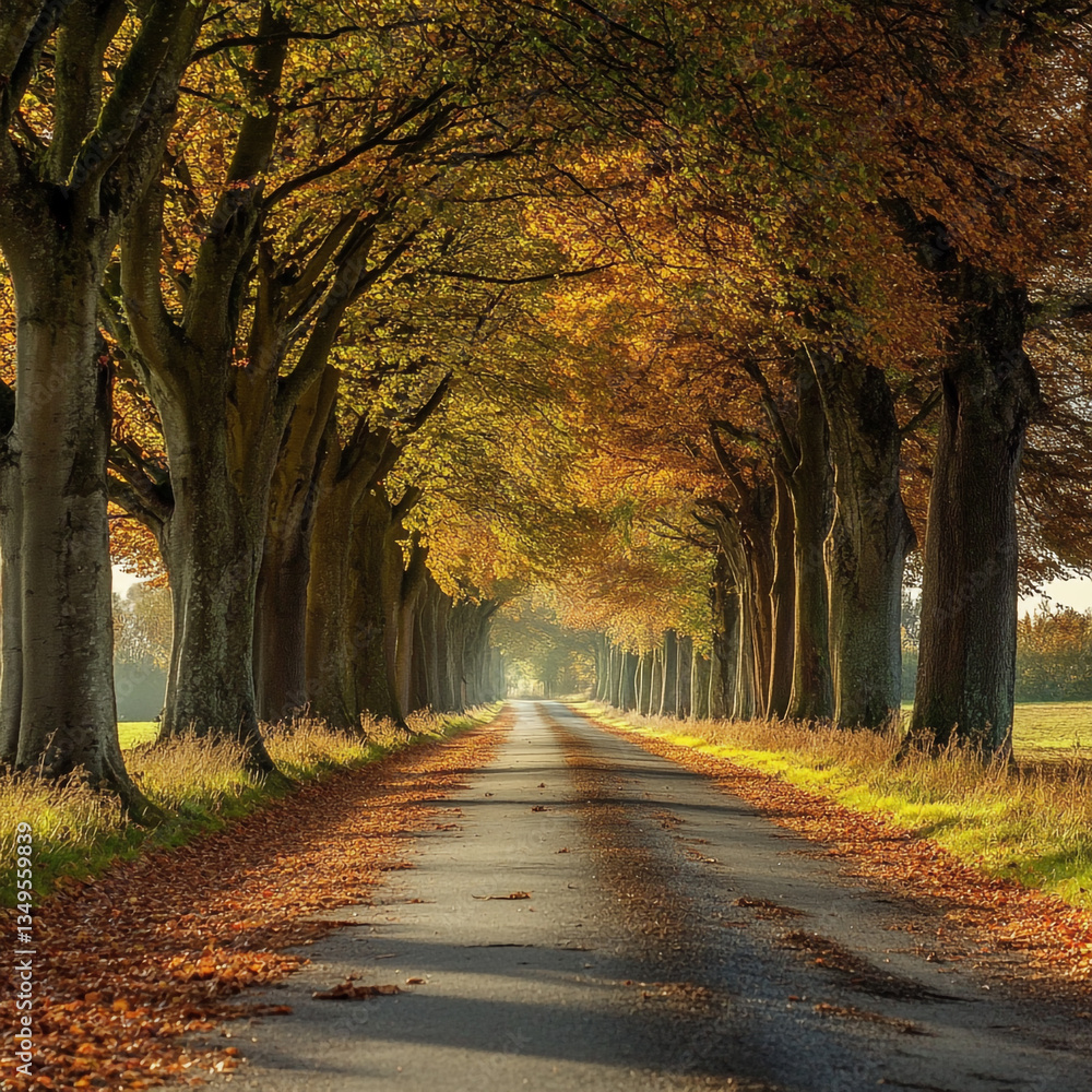 Poster a long road lined with tall trees in autumn with golden leaves creating a scenic view and atmosphere