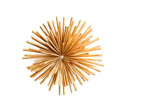 Golden abstract star with cylindrical rods, glowing center, cut out transparent