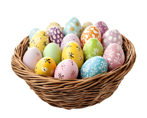 Colorfully decorated Easter eggs in a wicker basket