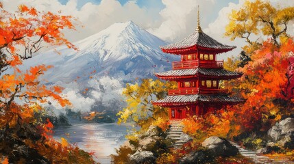 Obraz premium Autumnal Pagoda, Fuji backdrop, serene lake, vibrant foliage
