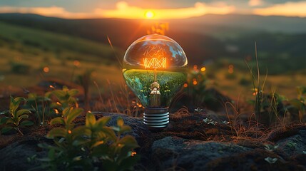 A glowing light bulb sits on a rocky surface during sunset, surrounded by lush greenery and hills