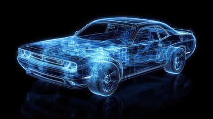 Naklejka premium A modern sports car rendered in a cool blue digital blueprint