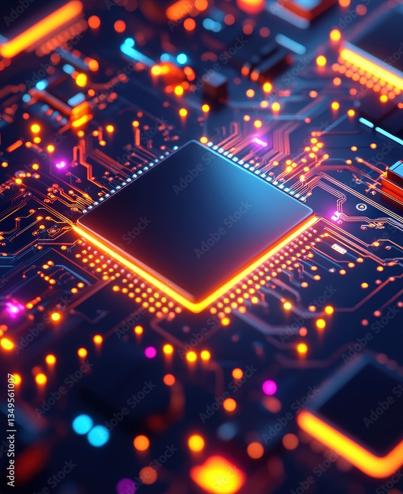 Poster a close-up view of a vibrant, illuminated microchip on a circuit board, showcasing intricate pattern