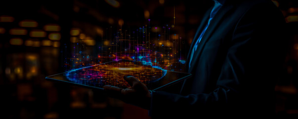 A CEO holding a tablet with a floating, glowing financial data hologram, stock market analysis, dark background, real photo (2)