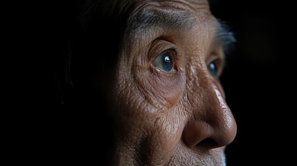 Obraz premium Close-up profile of senior man's face in darkness