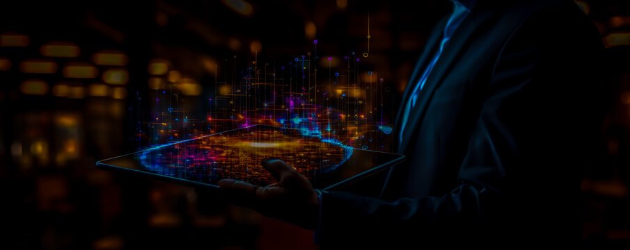 A CEO holding a tablet with a floating, glowing financial data hologram, stock market analysis, dark background, real photo (2)