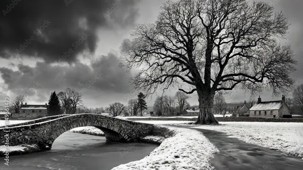 Poster snowy winter landscape featuring a rustic bridge and a bare tree in a tranquil countryside setting