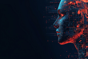 Naklejka premium digital representation of human face with futuristic design, showcasing intricate circuitry and glowing elements, symbolizing advanced technology and artificial intelligence