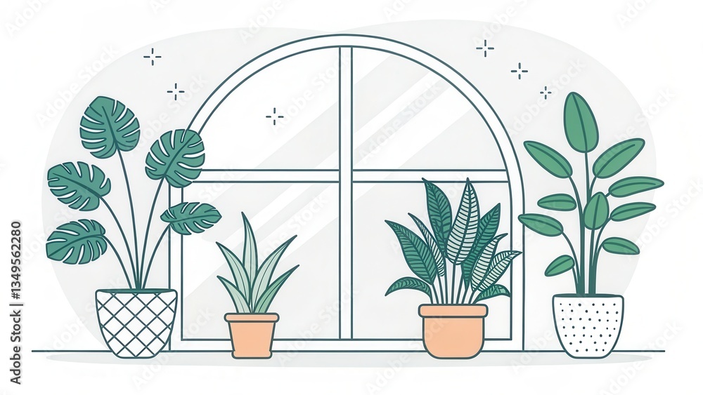 Poster houseplants arranged by a window with a minimalist design.