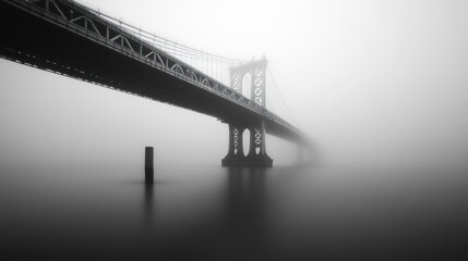 Foggy NYC Bridge, Urban Landscape, Calm Waters
