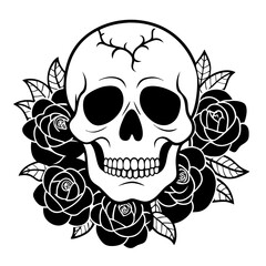 Fototapeta premium Black and White Skull with Roses – Gothic Tattoo Style.