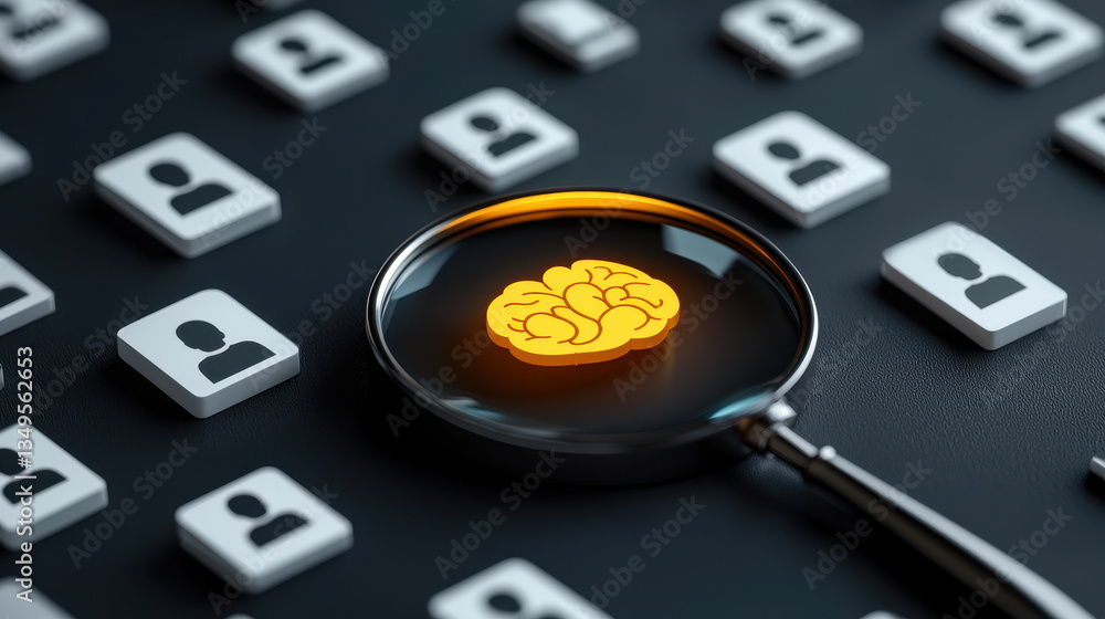 Poster magnifying glass focuses on glowing yellow brain icon amidst background of white human silhouette ic