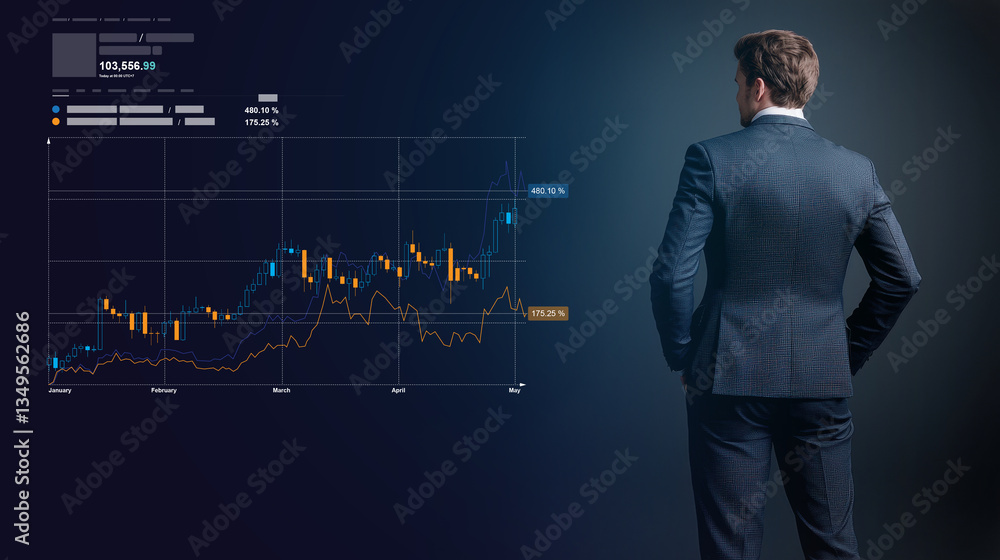 Poster businessman in suit stands confidently, observing floating digital graphs and analytical charts that
