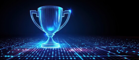 A glowing blue digitally rendered trophy against a black background