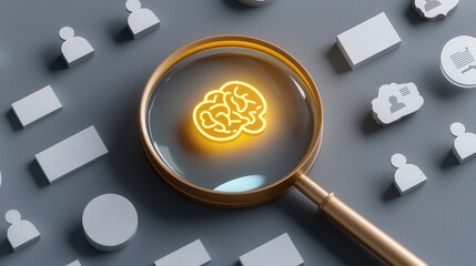 glowing yellow brain icon is magnified by glass lens, surrounded by various white icons representing customer data, symbolizing CRM and targeted marketing. This conveys sense of focus and analysis