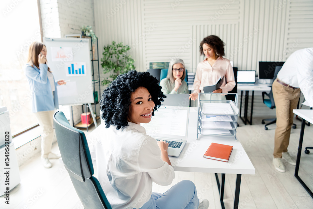 Poster diverse team working together in modern office space with collaborative atmosphere