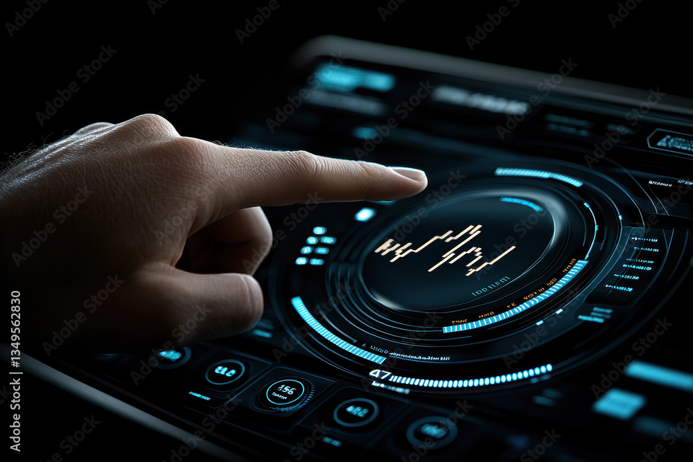Poster finger interacting with futuristic touchscreen interface, showcasing advanced technology and data vi