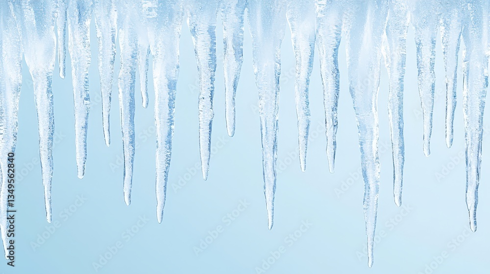 Poster a close-up view of icicles hanging from a surface, reflecting light against a clear blue background,