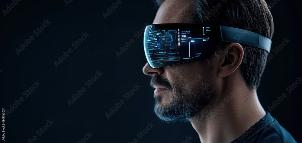 Poster man wearing futuristic augmented reality glasses, showcasing advanced digital interfaces and data visualization. scene highlights integration of technology everyday life, emphasizing innovation