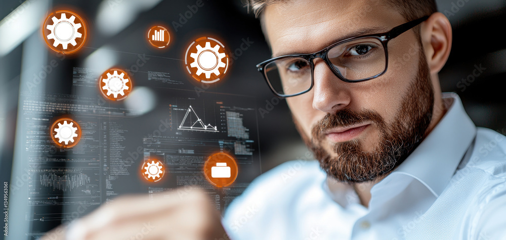 Aufkleber Optimizing business operations, executive interacts with digital interface displaying floating icons of gears, symbolizing robotic process automation. scene conveys innovation and efficiency