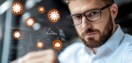 Optimizing business operations, executive interacts with digital interface displaying floating icons of gears, symbolizing robotic process automation. scene conveys innovation and efficiency