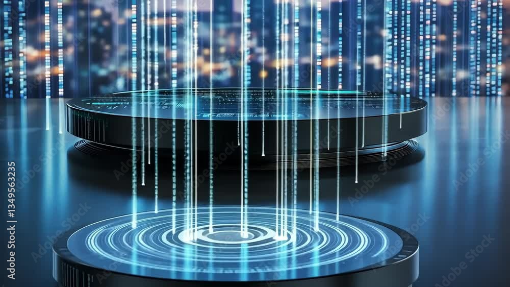 Poster digital streams fall over a futuristic platform in a cityscape generative ai