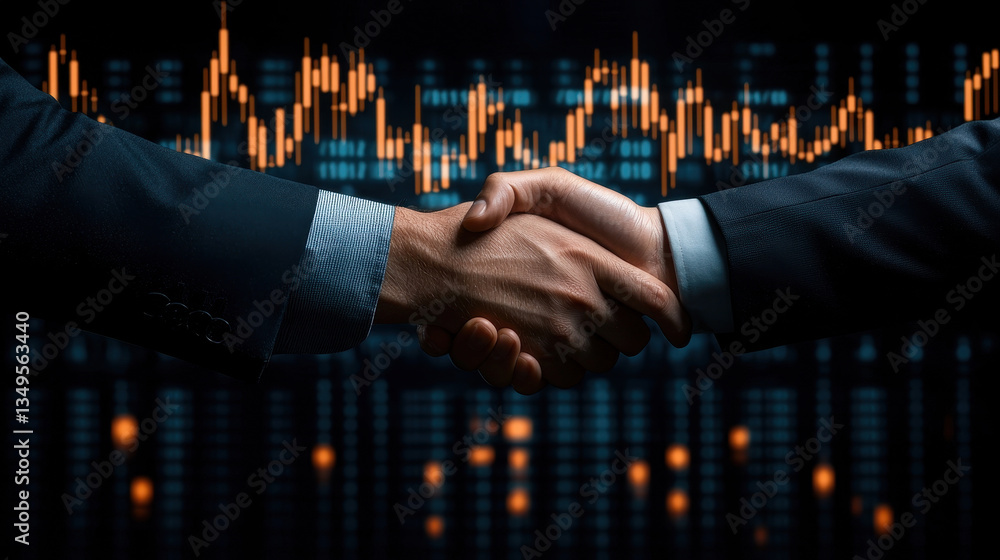 Poster close up of handshake between two business partners symbolizes trust and collaboration in professional environment, with backdrop of financial data