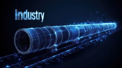 A glowing blue pipeline displayed on railway tracks represents industry