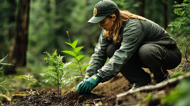 A ranger planting a young tree sapling as part of a reforestation effort. digital