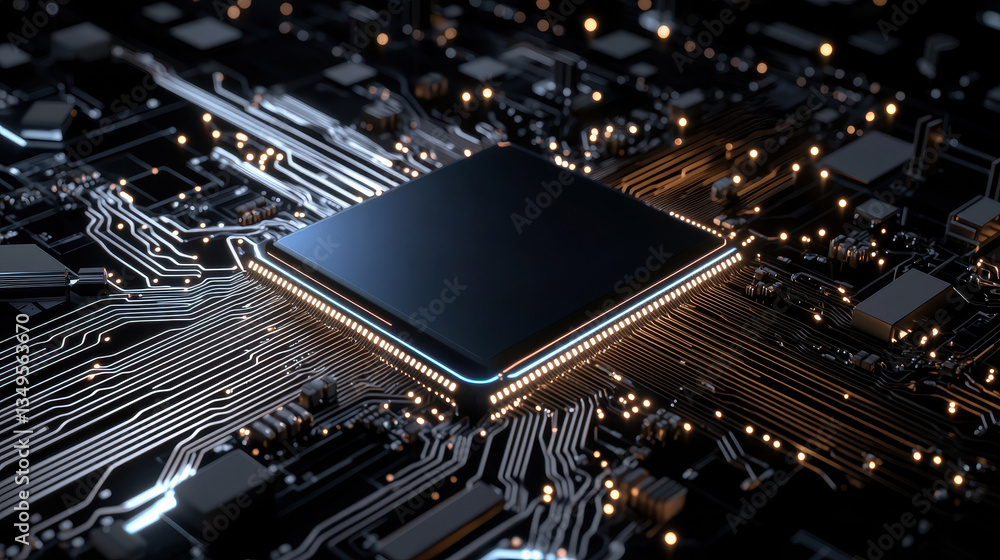 Poster sleek microprocessor sits at center of complex circuit board, surrounded by intricate pathways and glowing connections, symbolizing advanced technology and innovation