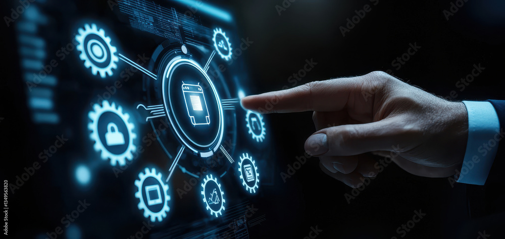 Poster business leader interacts with futuristic digital interface, pointing at central icon surrounded by 