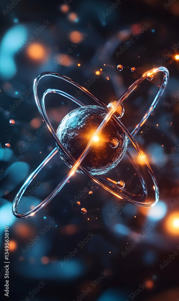 Poster abstract atomic structure digital art with glowing orbits and particles