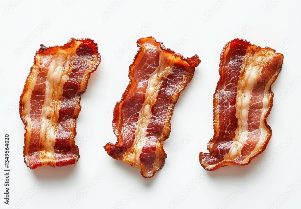 Poster crispy strips of cooked bacon on a plain white background showcasing the texture and color variation